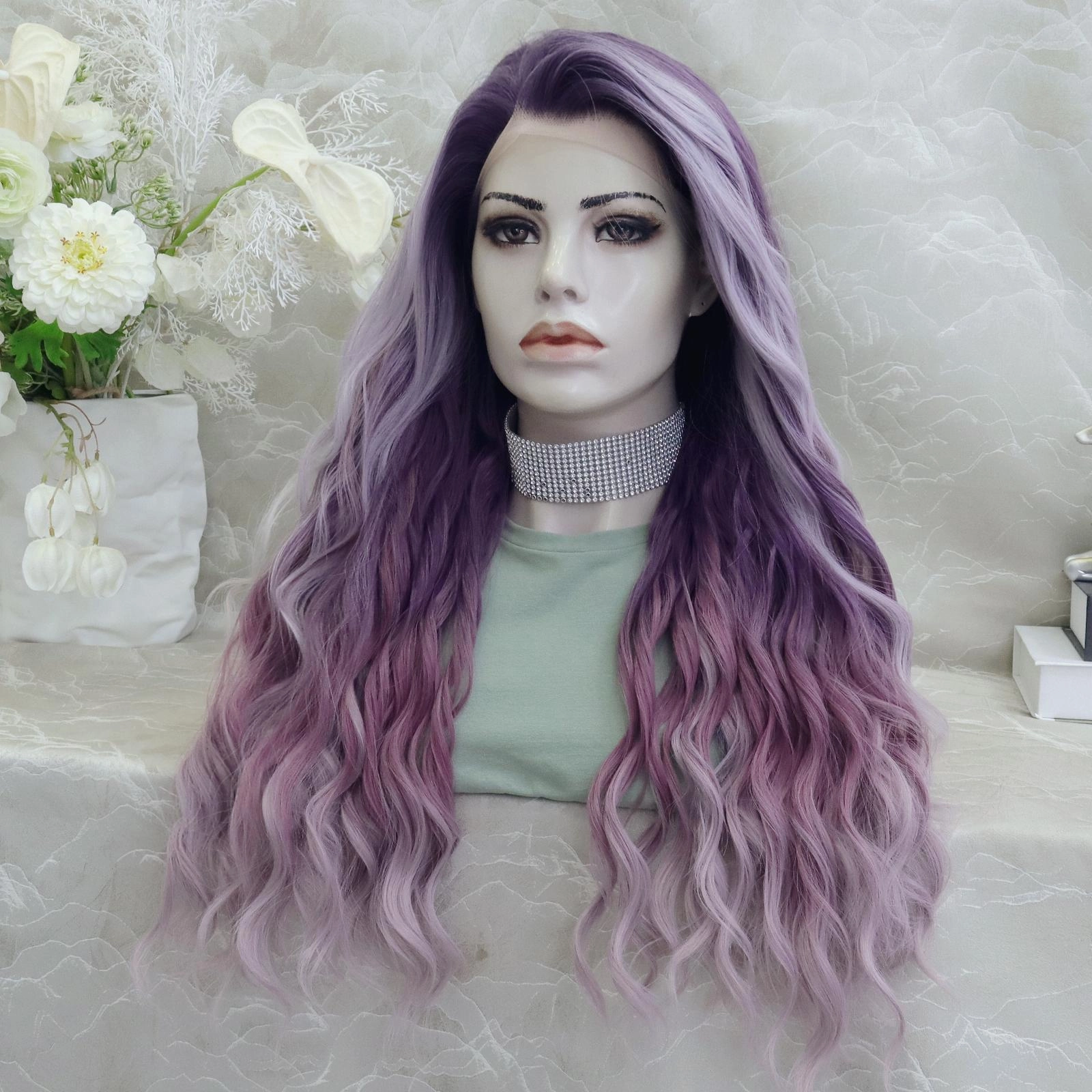 IMstyle New Arrival Fiona 13*2 Free part Low density Big volum 26 inches Curly Purple Ombre Color Gluless Pre pluck Lace Front Synthetic wig Party Daily K302-3T006-F
