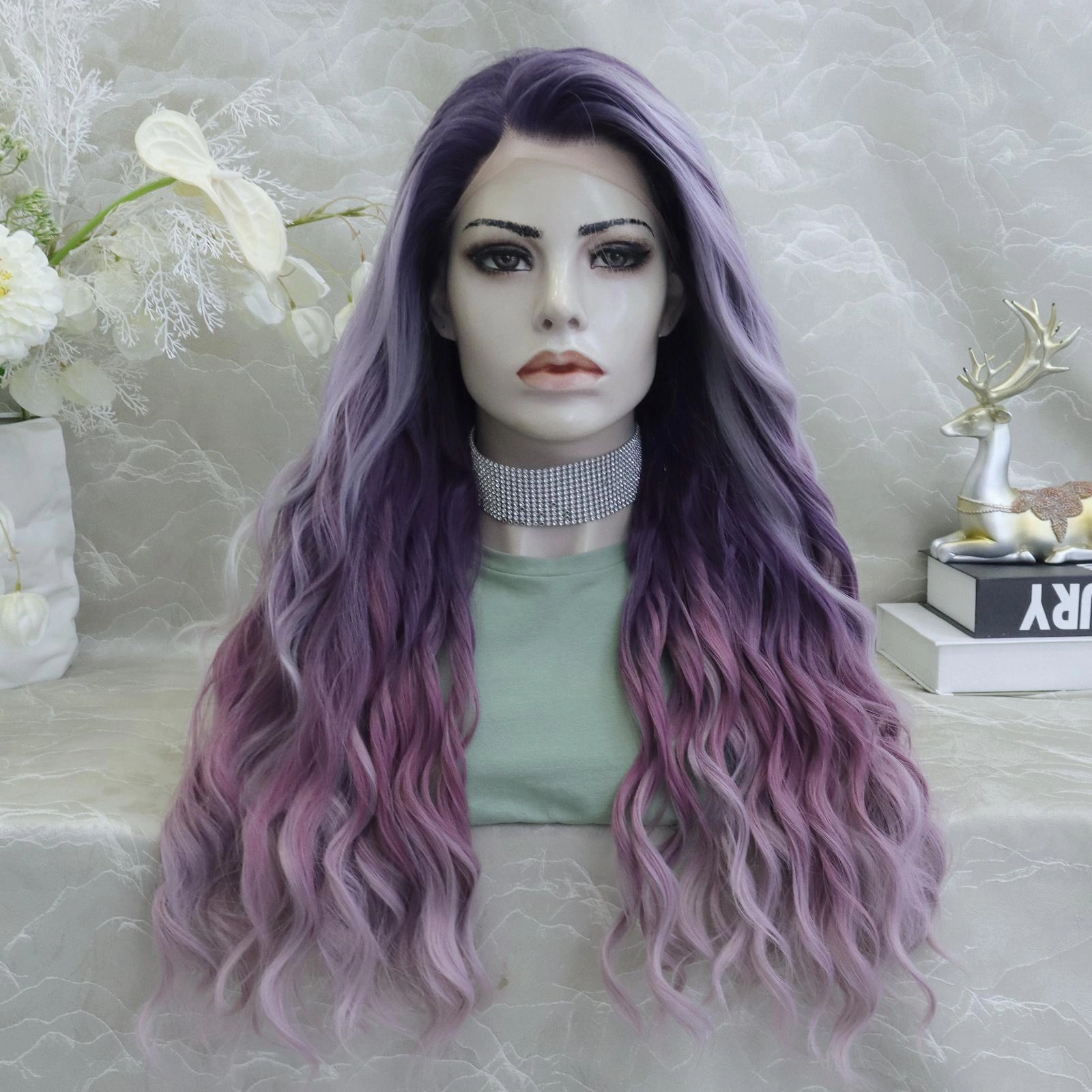 IMstyle New Arrival Fiona 13*2 Free part Low density Big volum 26 inches Curly Purple Ombre Color Gluless Pre pluck Lace Front Synthetic wig Party Daily K302-3T006-F