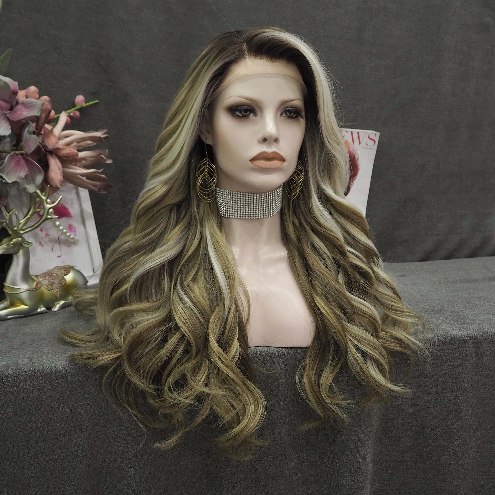 Imstyle-Sandra-brown and blonde with highlight wavy 26inches with no parting synthetic lace front wig