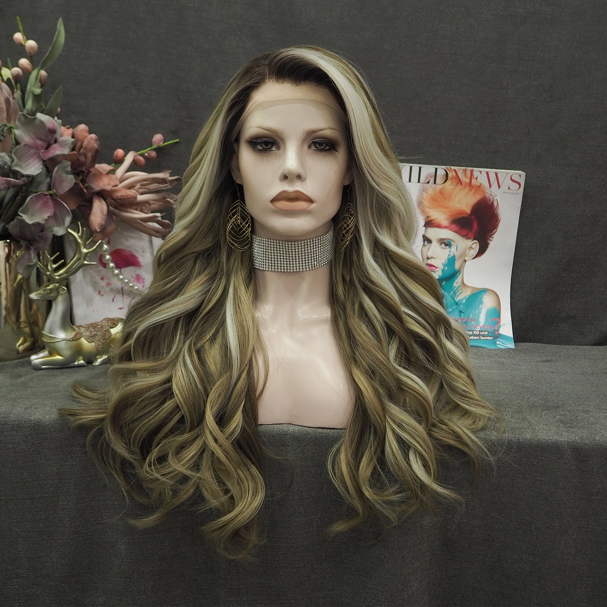 Imstyle-Sandra-brown and blonde with highlight wavy 26inches with no parting synthetic lace front wig