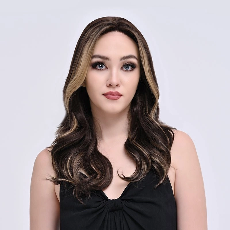 Imstylewigs-Lia-22 inches Skunk stripe Highlight dark brown body wavy lace wigs