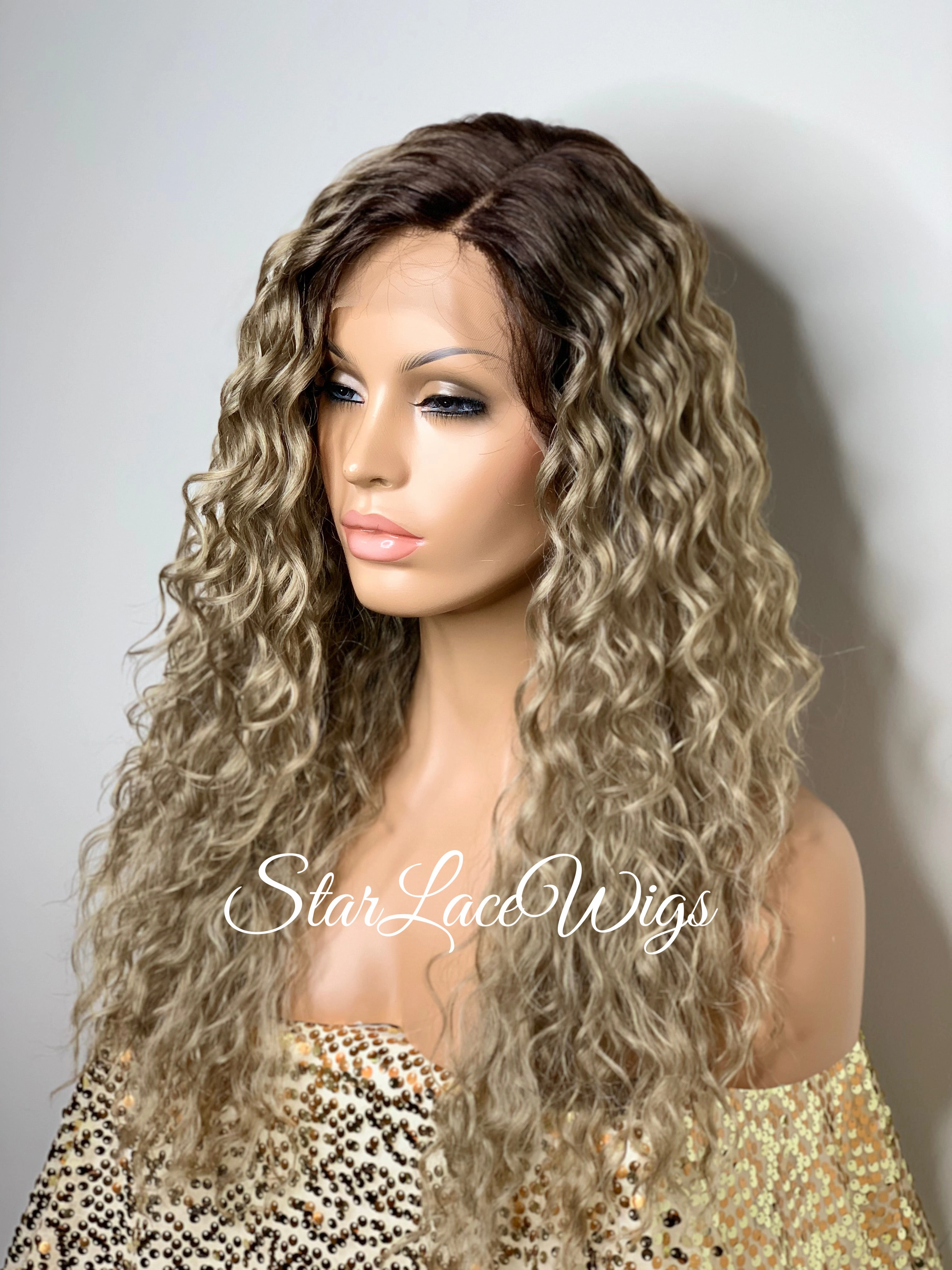 Lace Front Wig Dirty Ash Blonde Dark Roots Long Wavy Side Part - Daria