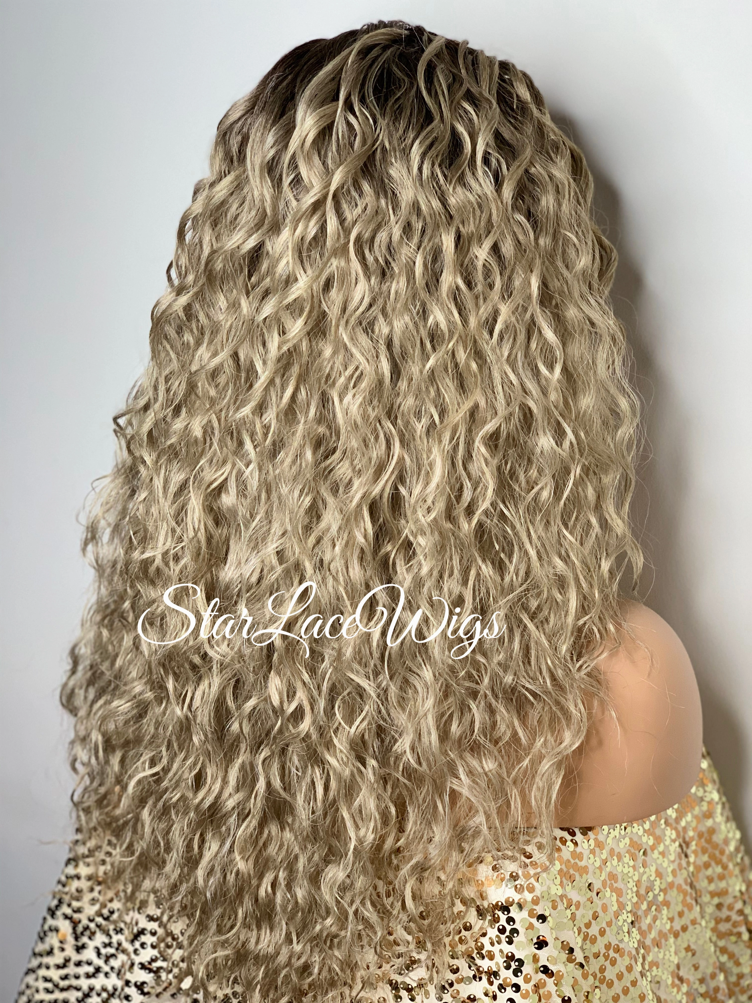 Lace Front Wig Dirty Ash Blonde Dark Roots Long Wavy Side Part - Daria