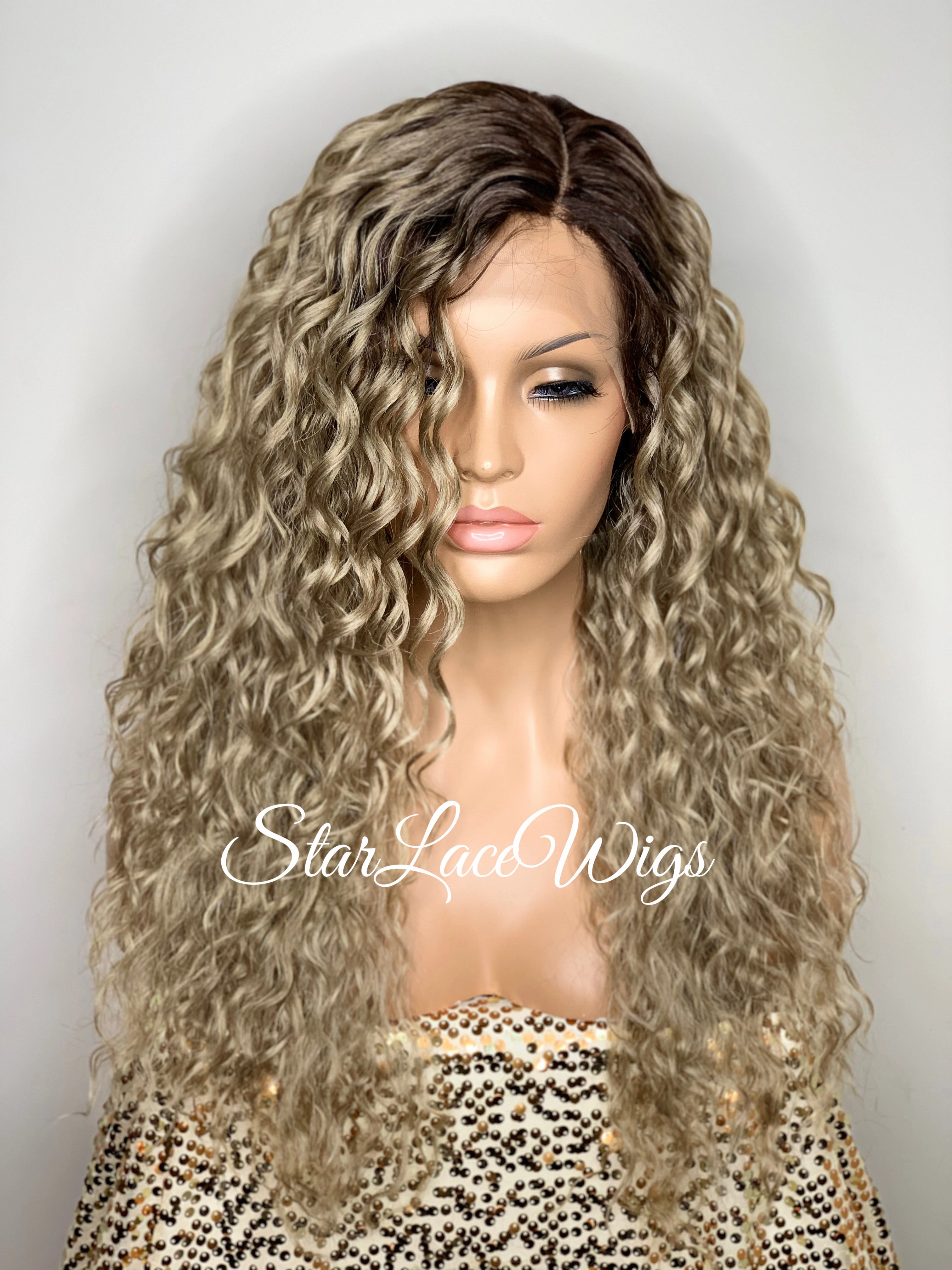 Lace Front Wig Dirty Ash Blonde Dark Roots Long Wavy Side Part - Daria