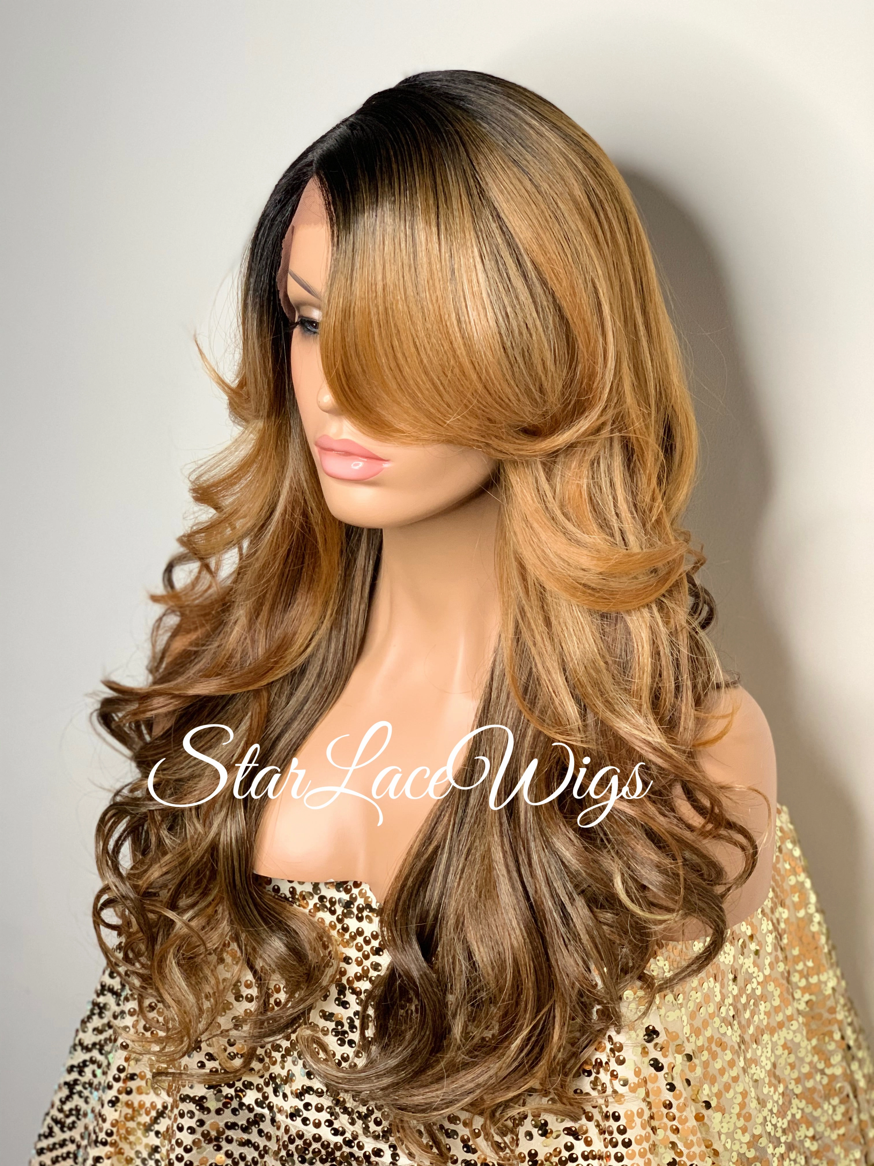 Lace Front Wig Long Synthetic Curly Layers 1b Strawberry Blonde - Janine