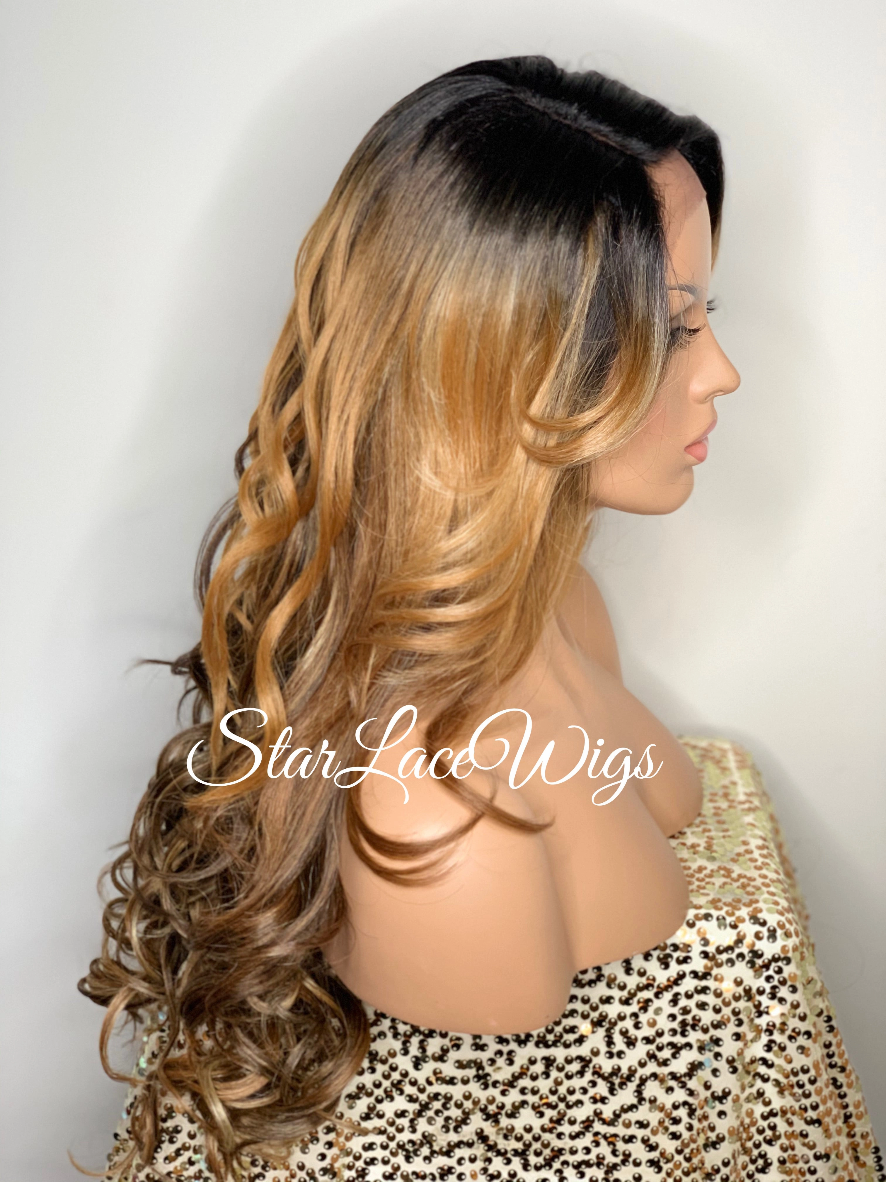 Lace Front Wig Long Synthetic Curly Layers 1b Strawberry Blonde - Janine