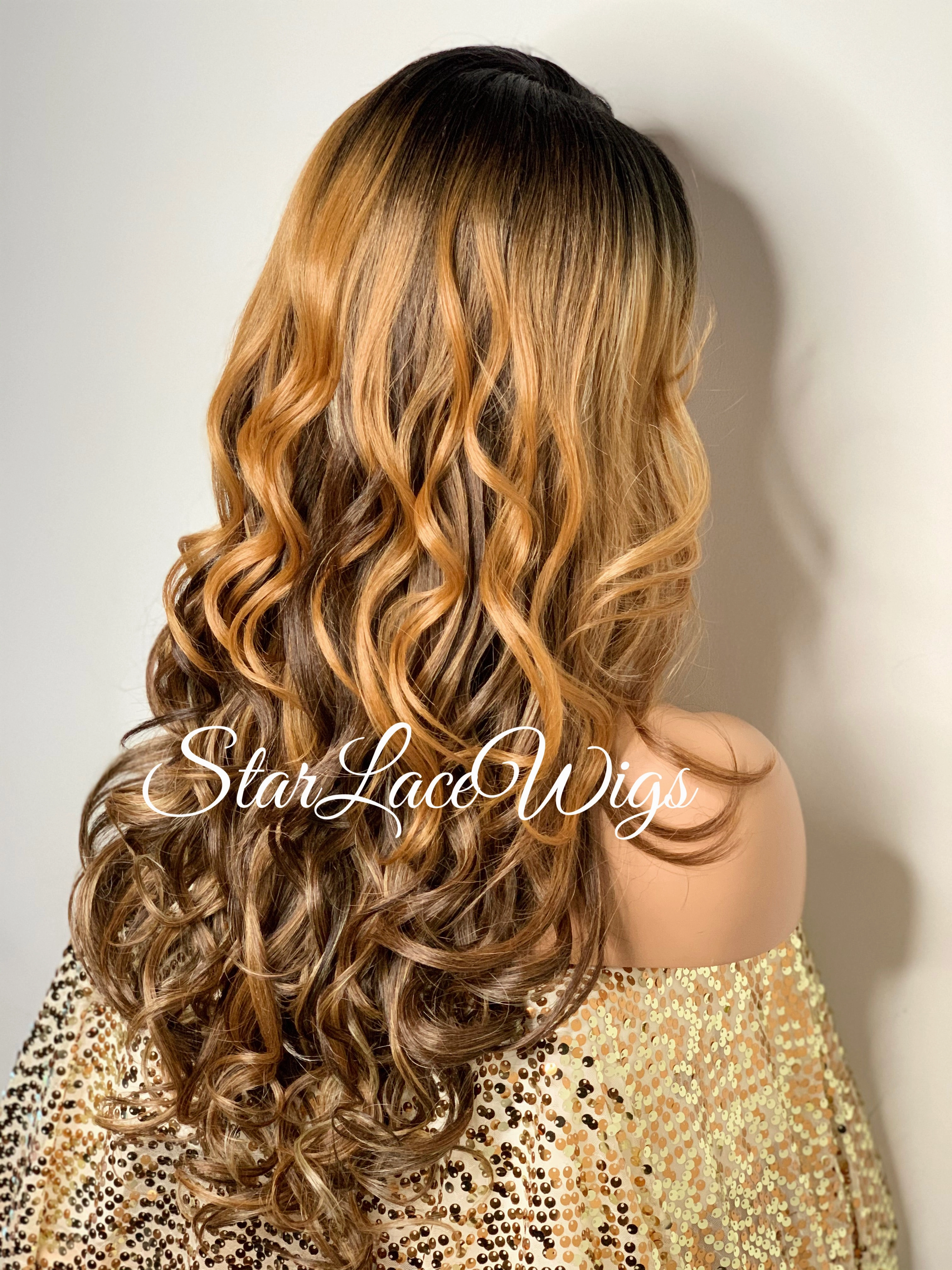 Lace Front Wig Long Synthetic Curly Layers 1b Strawberry Blonde - Janine