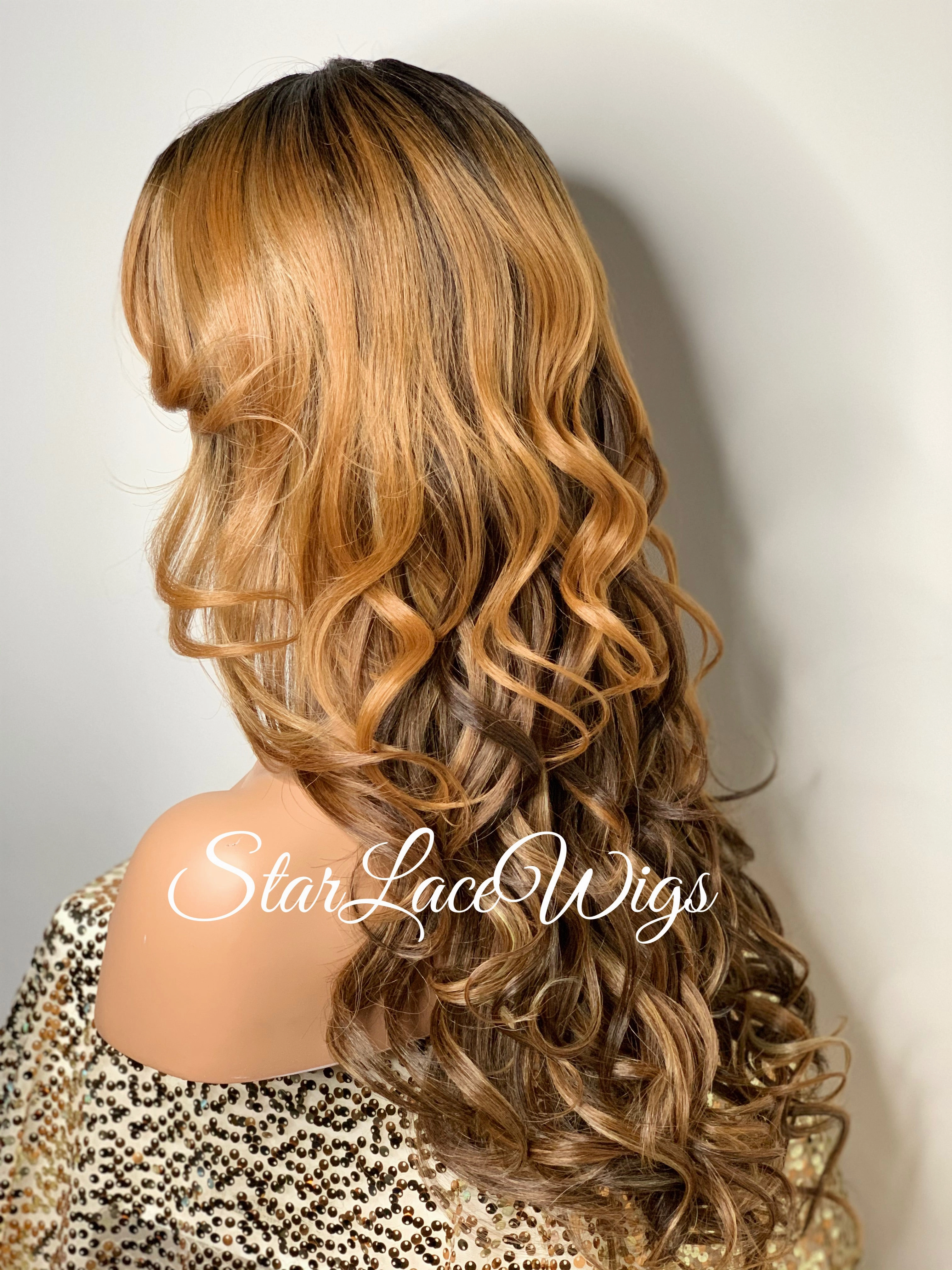 Lace Front Wig Long Synthetic Curly Layers 1b Strawberry Blonde - Janine