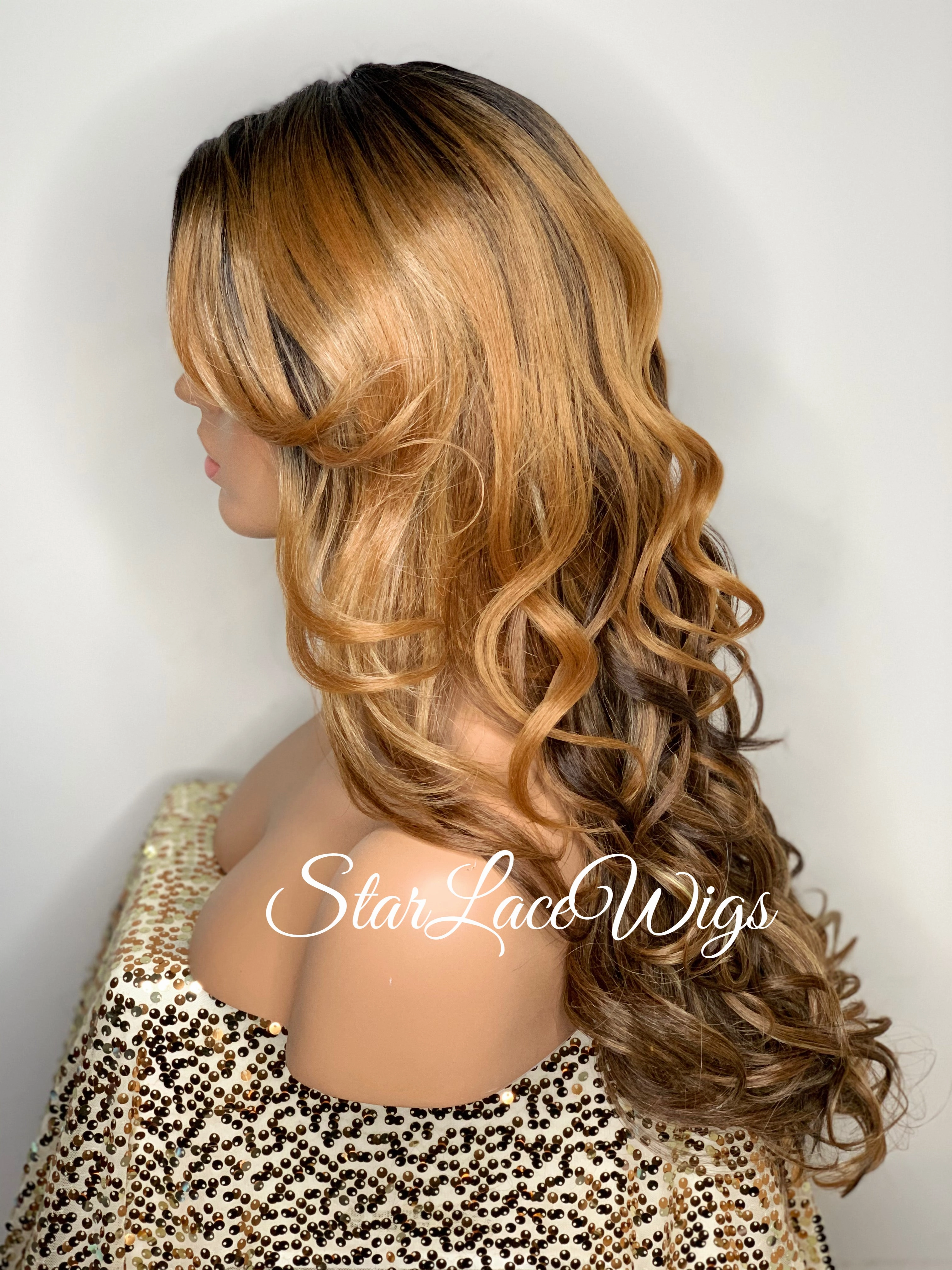 Lace Front Wig Long Synthetic Curly Layers 1b Strawberry Blonde - Janine