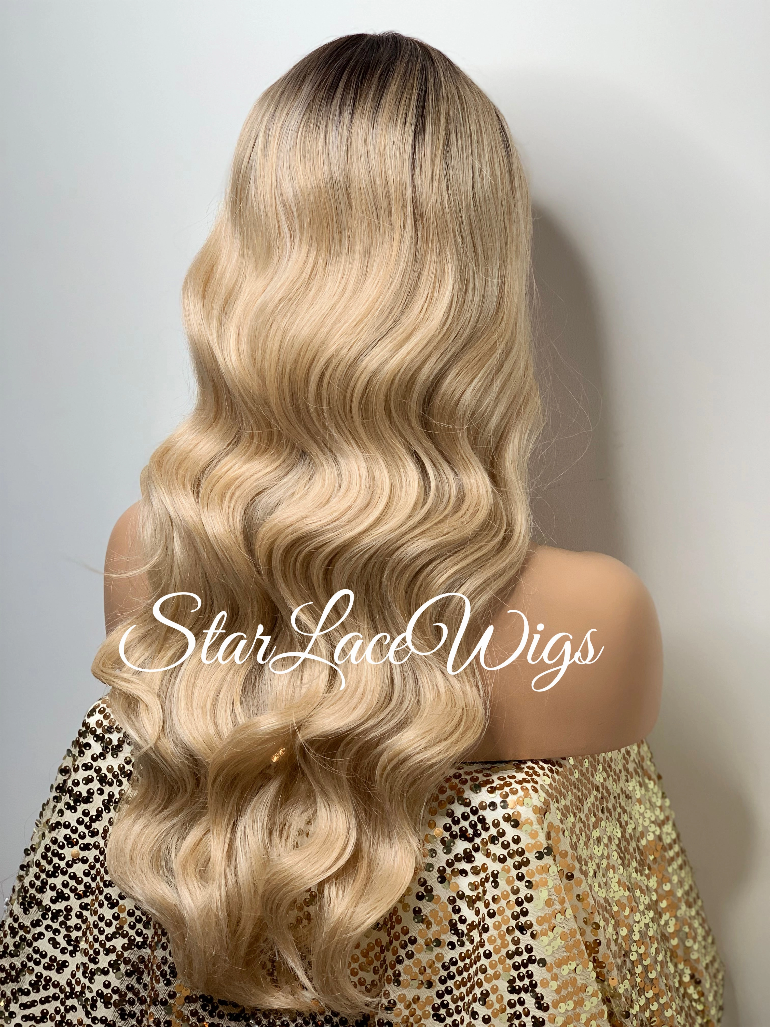 Long Blonde Wavy Synthetic Lace Front Wig Dark Roots - Yasmin