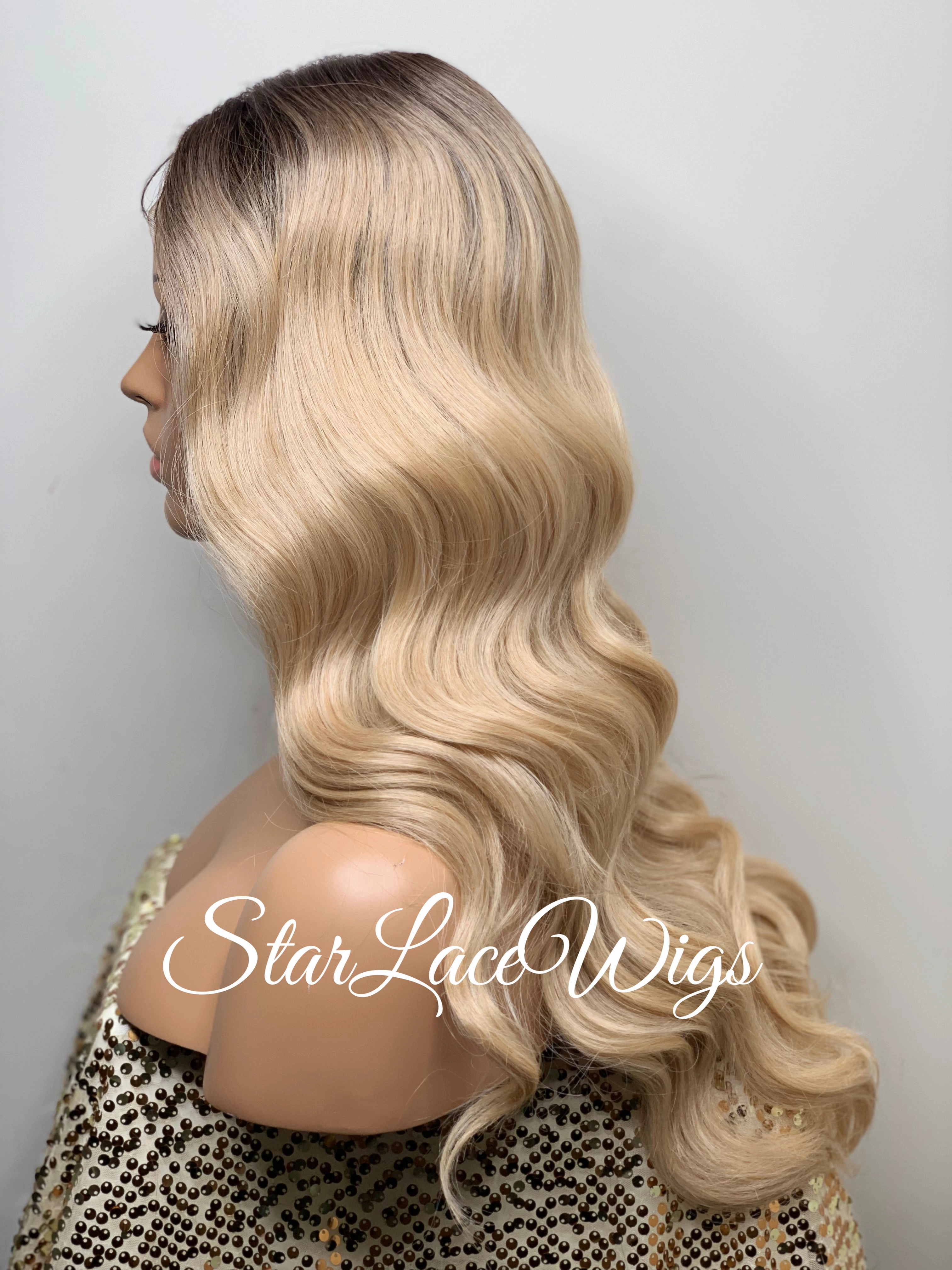 Long Blonde Wavy Synthetic Lace Front Wig Dark Roots - Yasmin