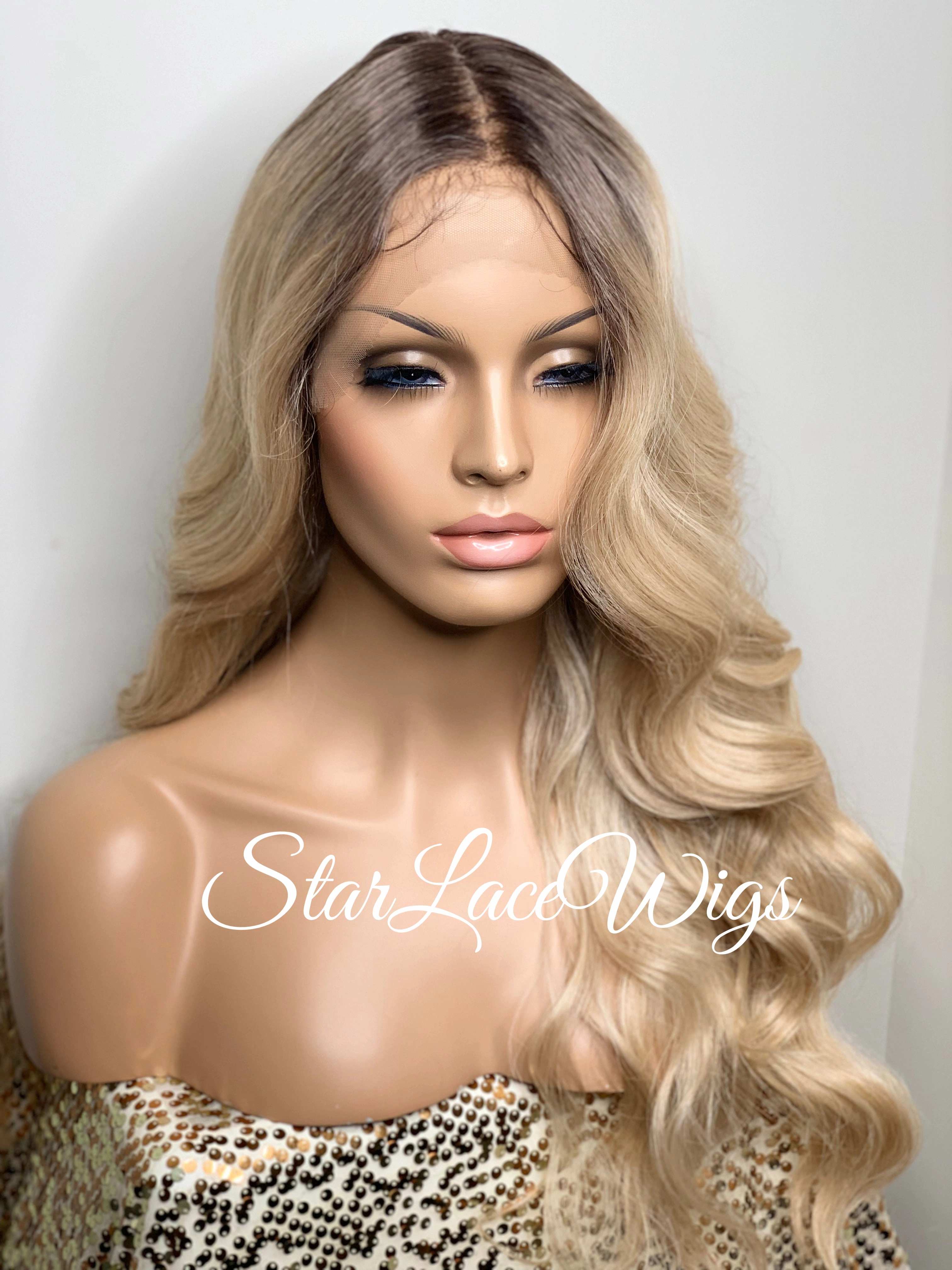 Long Blonde Wavy Synthetic Lace Front Wig Dark Roots - Yasmin