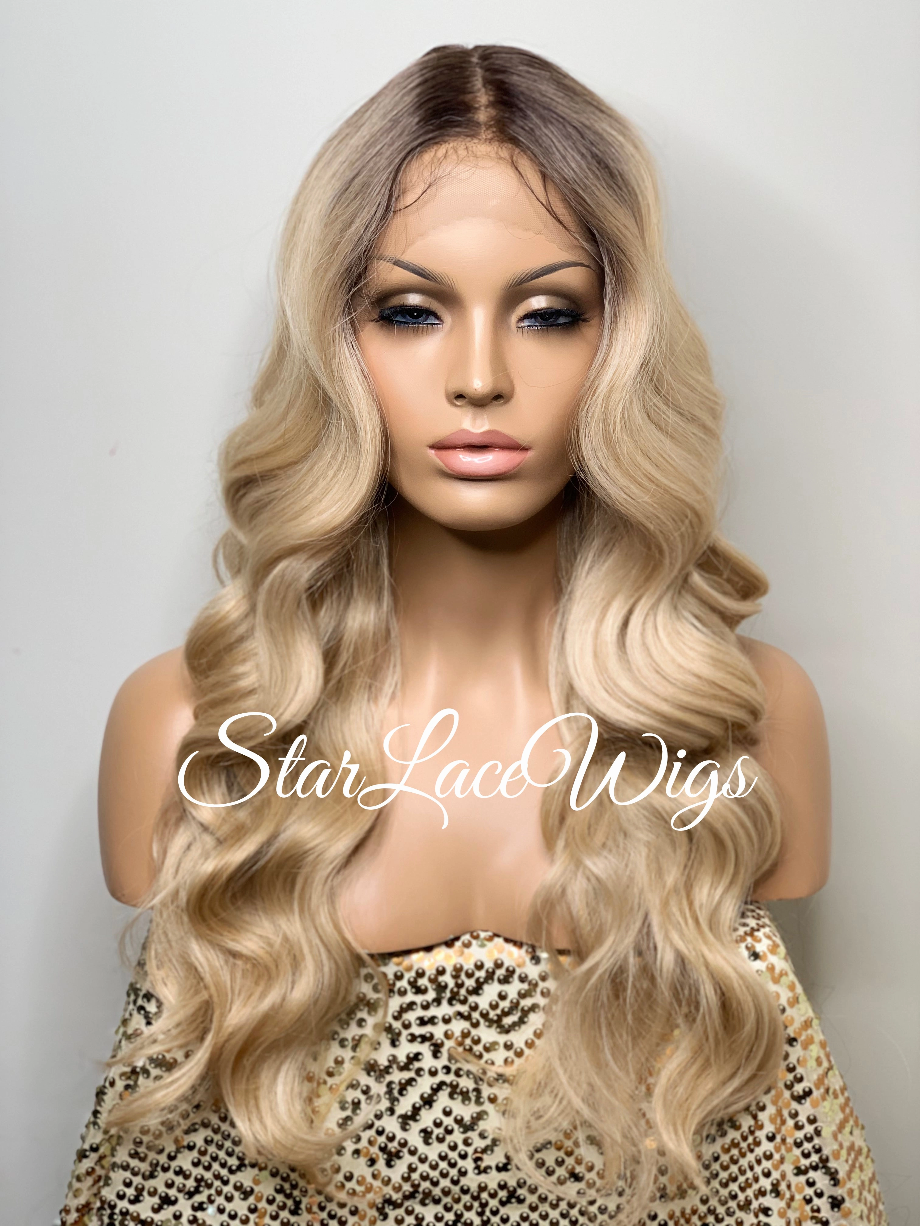 Long Blonde Wavy Synthetic Lace Front Wig Dark Roots - Yasmin