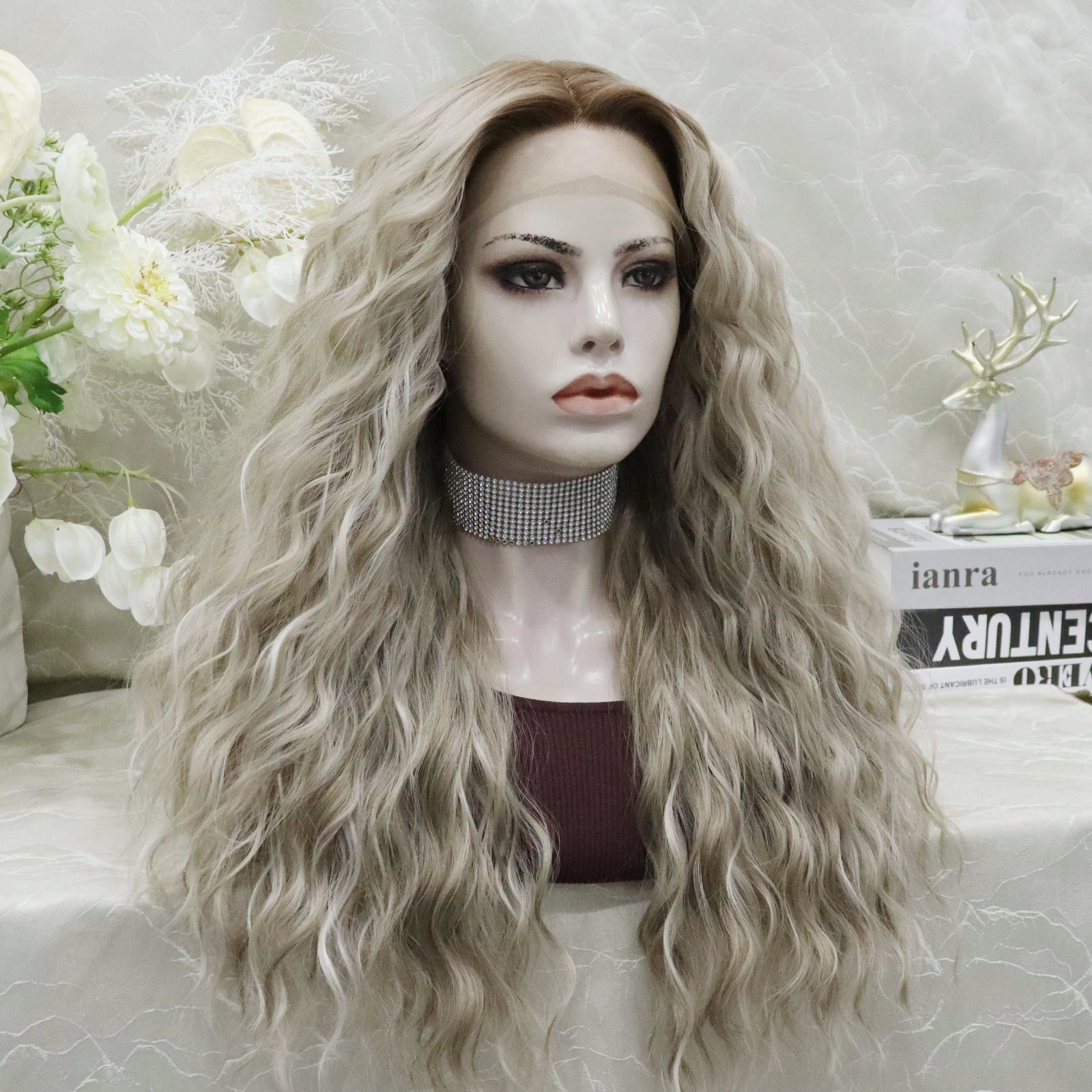 Ombre Nena Dark Brown Roots to Ash Blonde Water Wave Synthetic Lace Wig