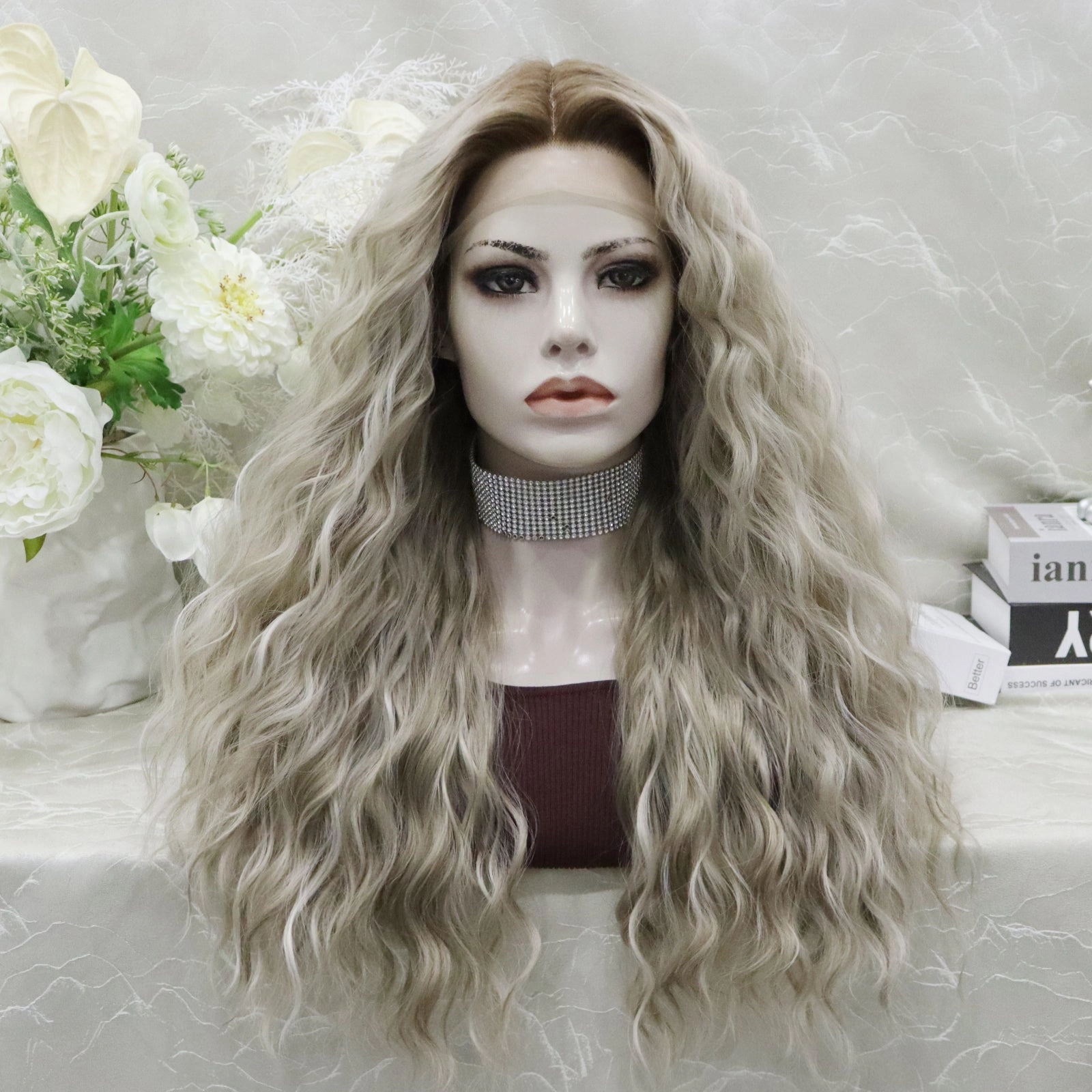 Ombre Nena Dark Brown Roots to Ash Blonde Water Wave Synthetic Lace Wig