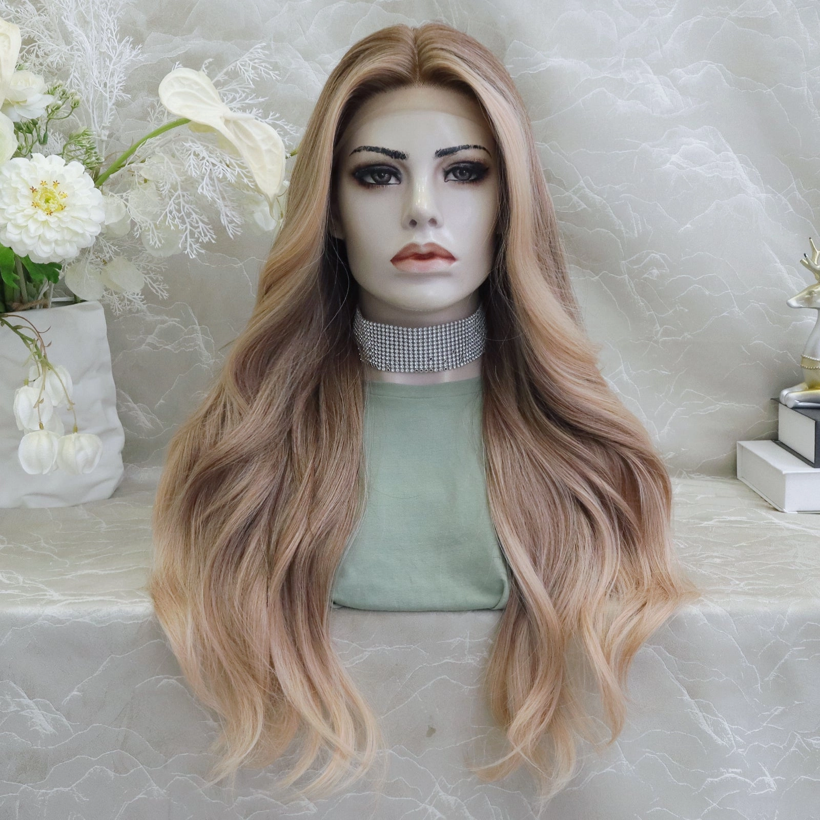 ON-SALE Kristy pre plucked strawberry blonde with money piece 26inches glue less lace front wigs