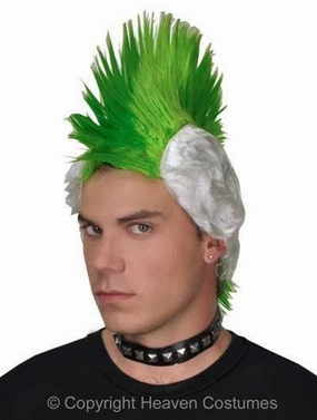 Punk Mohawk Green and White Mens Costume Wig