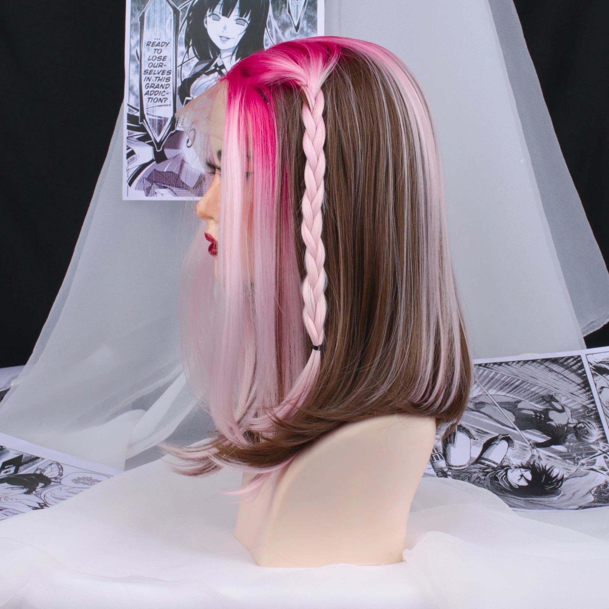 Spice Girls Pink Coral Ombre with Dark Brown Hidden Hair Shoulder Straight Lace Front Wig