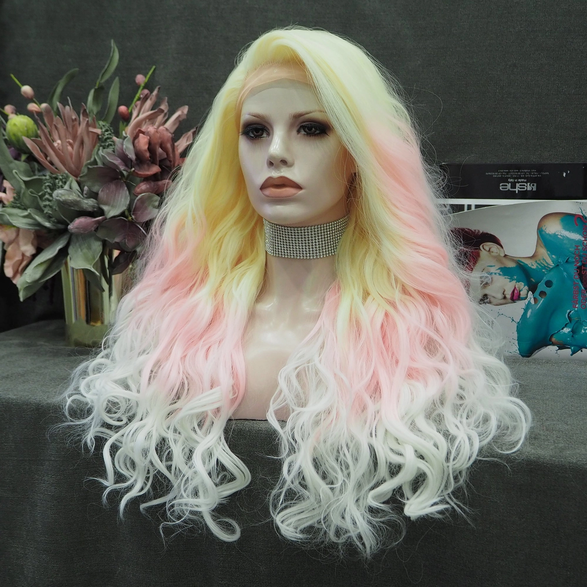 Sylph Yellow Pink Ombre Noctilucent Long  Curly Synthetic Lace Front Wigs