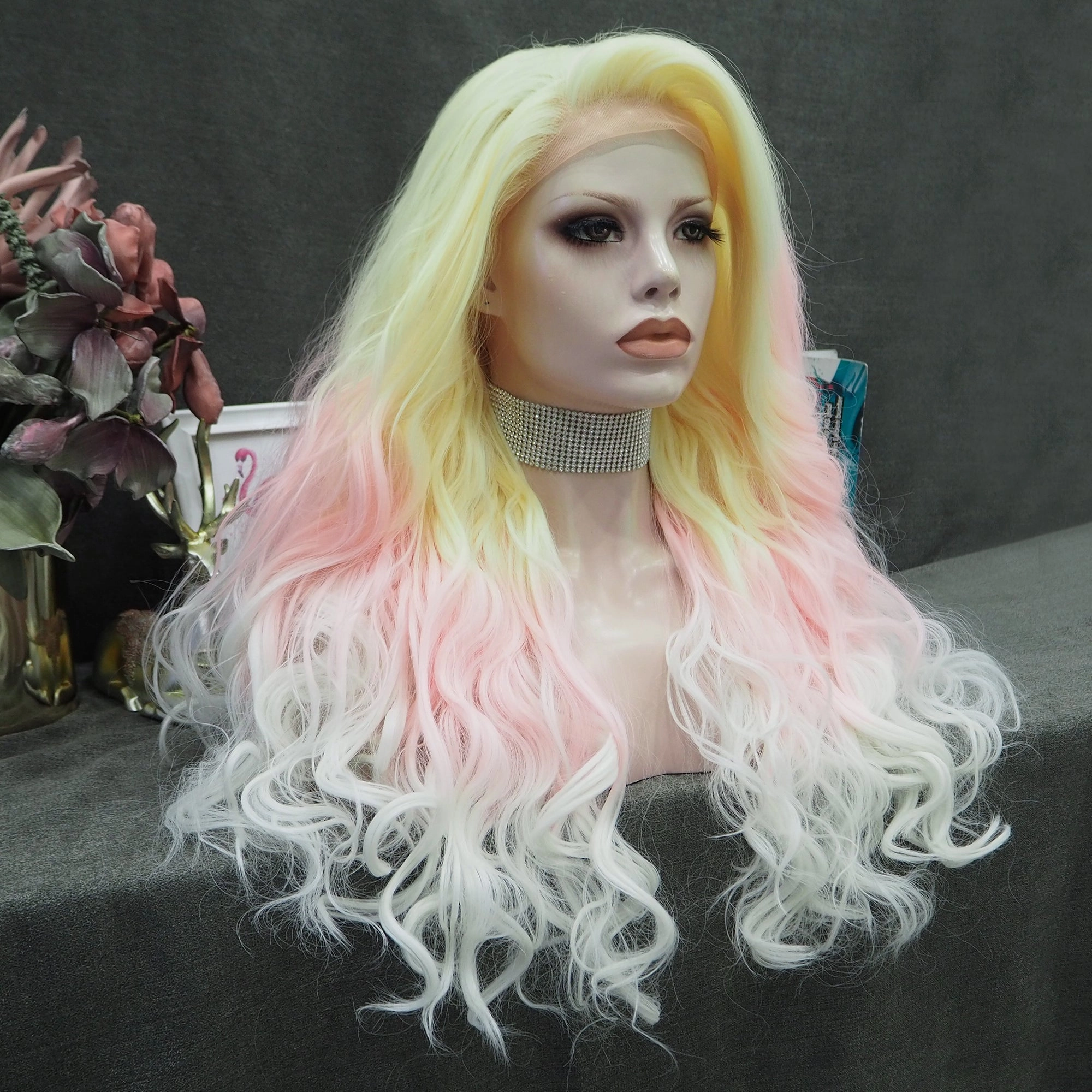 Sylph Yellow Pink Ombre Noctilucent Long  Curly Synthetic Lace Front Wigs
