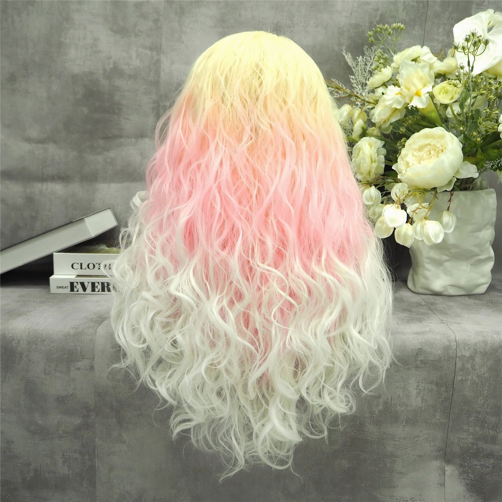 Sylph Yellow Pink Ombre Noctilucent Long  Curly Synthetic Lace Front Wigs