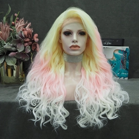 Sylph Yellow Pink Ombre Noctilucent Long  Curly Synthetic Lace Front Wigs