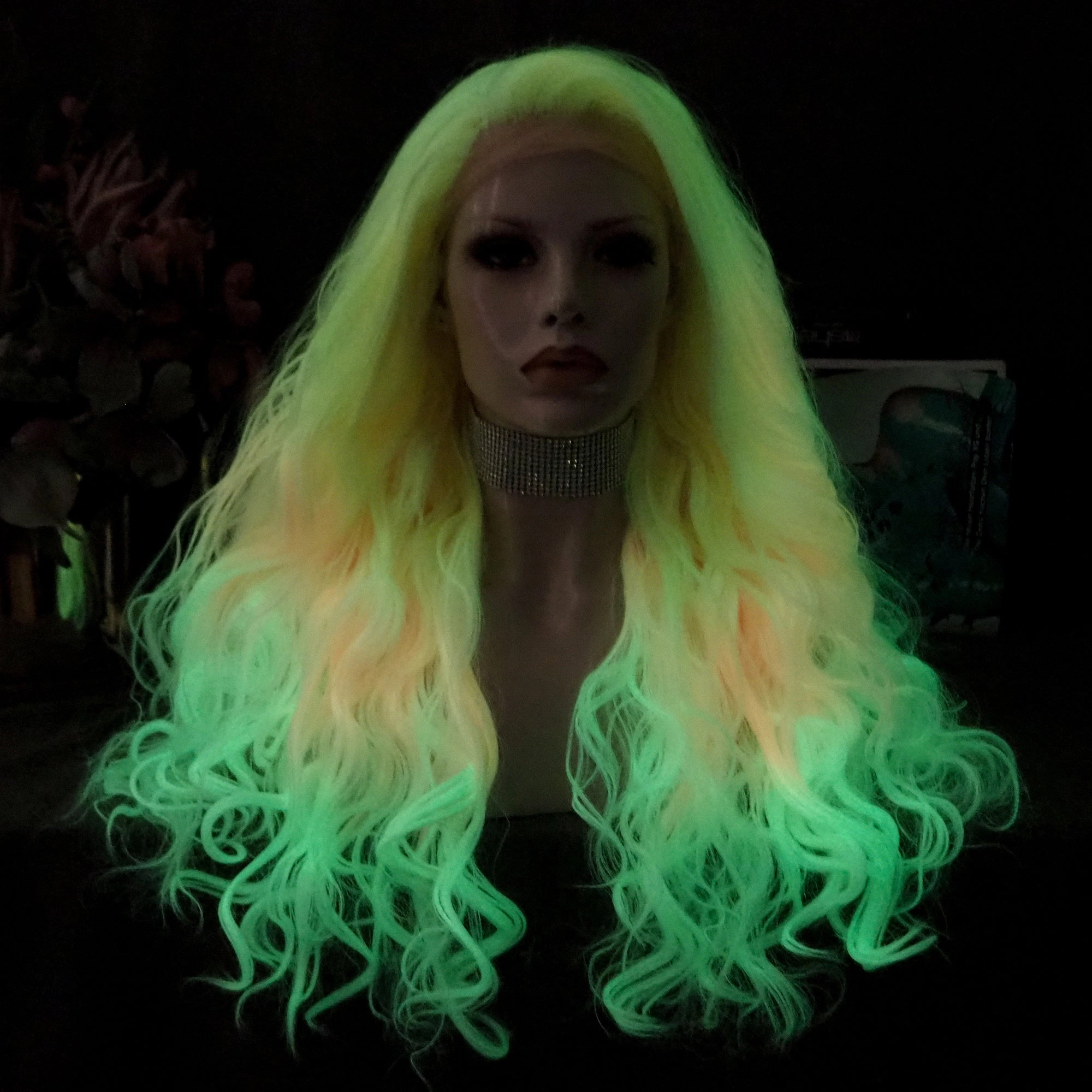 Sylph Yellow Pink Ombre Noctilucent Long  Curly Synthetic Lace Front Wigs